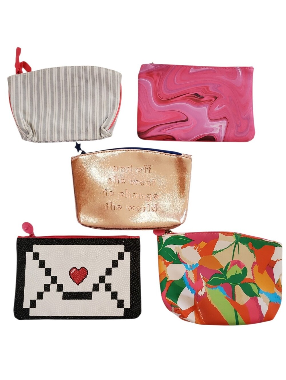IPSY Bags Set of 5 Assorted Cosmetic Bags Stripe Marble Embossed Textured Floral